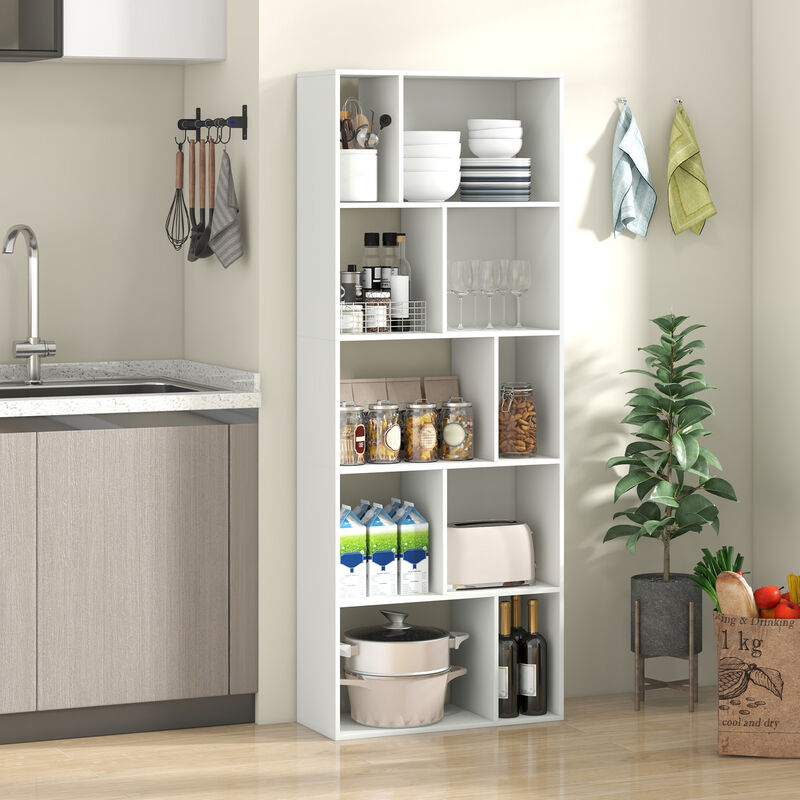 Modern Tall 5-Tier Bookshelf with 10 Geometric Cubes &ndash; Space-Saving Organizer