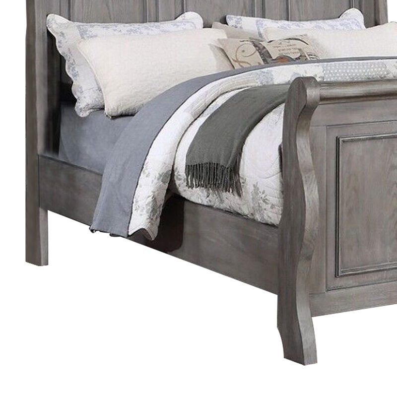 Demi King Size Bed, Sleigh Headboard, Tri Panel Molding, Oak Gray Wood - Benzara