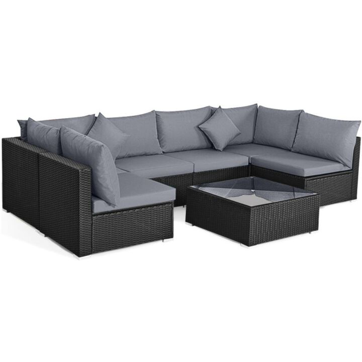 Hivvago 7 Pieces Sectional Wicker Furniture Sofa Set with Tempered Glass Top Coffee Table