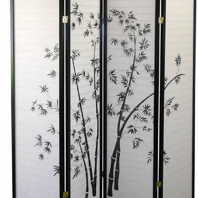 Wood and Paper 4 Panel Room Divider with Bamboo Print, White and Black-Benzara
