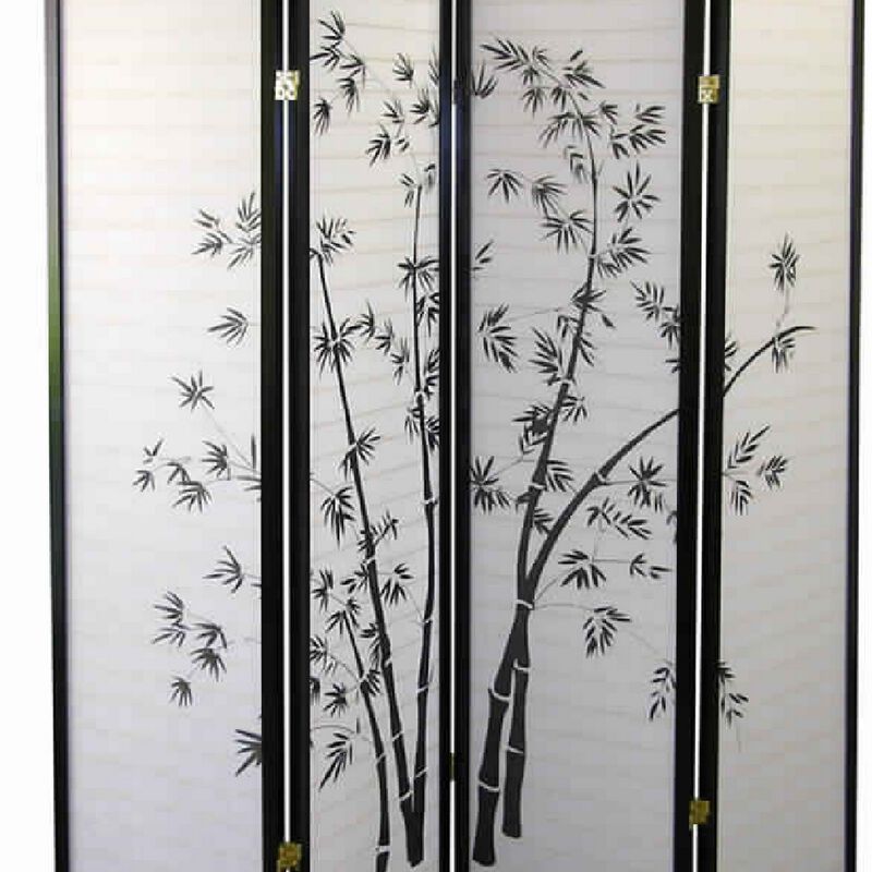 Wood and Paper 4 Panel Room Divider with Bamboo Print, White and Black image number 3