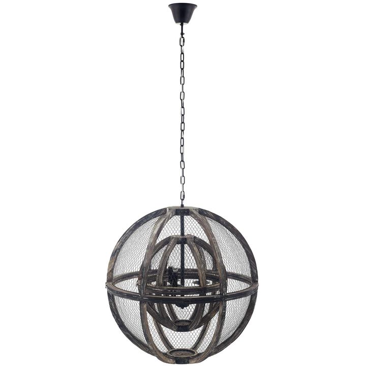 Modway Gravitate Rustic Oak Wood Globe Pendant Light Chandelier
