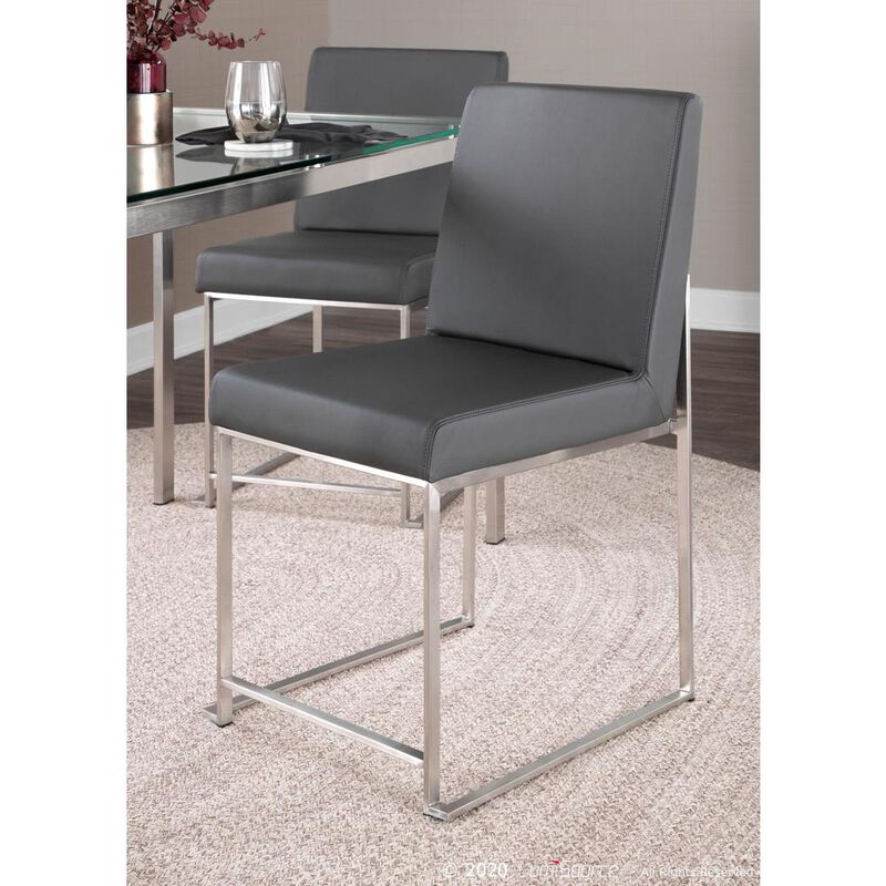 LumiSource Brushed Stainless Steel, Grey PU High Back Fuji Dining Chair - Set of 2