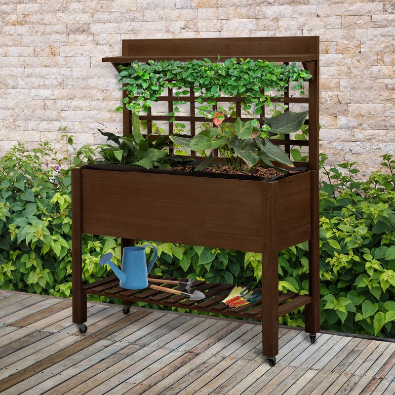 Outsunny 41" Raised Garden Bed with Trellis on Wheels, Wooden Elevated Planter Box with Legs and Bed Liner, for Flowers, Herbs & Vegetables, Dark Brown