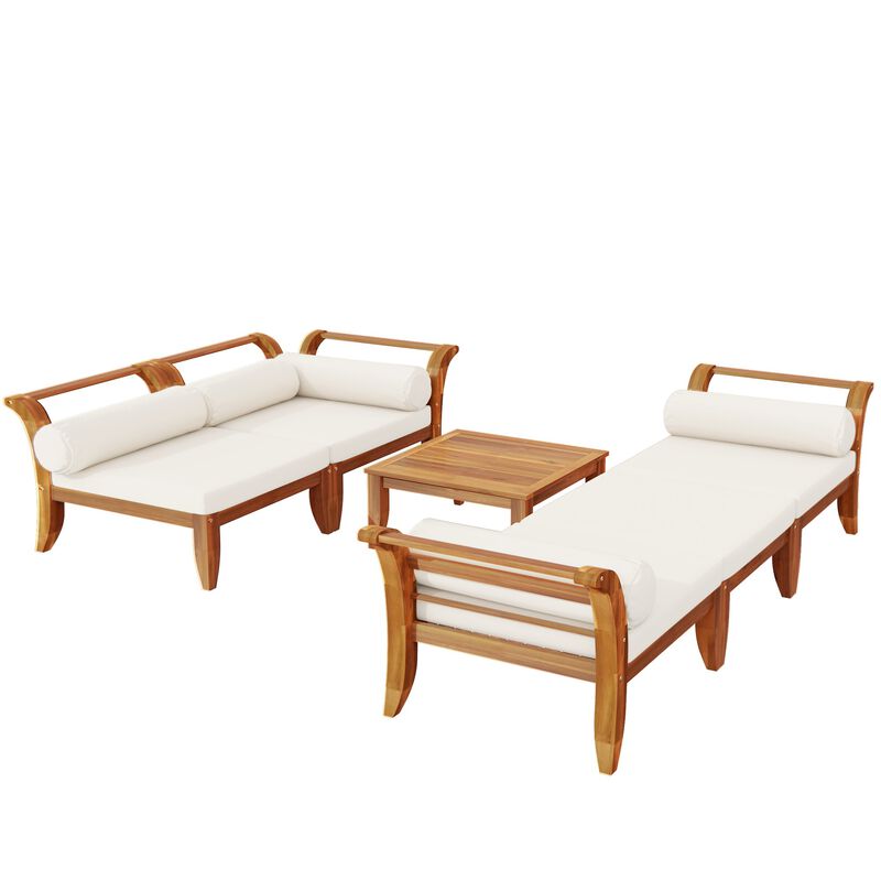 Whisen 6-Piece Acacia Wood Outdoor Seating Set, L-Shaped Garden Sectional, Convertible Daybed with Tea Table image number 4