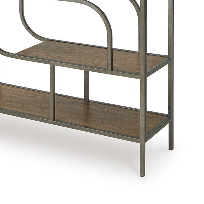 Bookcase, Modern Geometric Design, 70 Inch, 5 Brown Veneer Shelves - Benzara