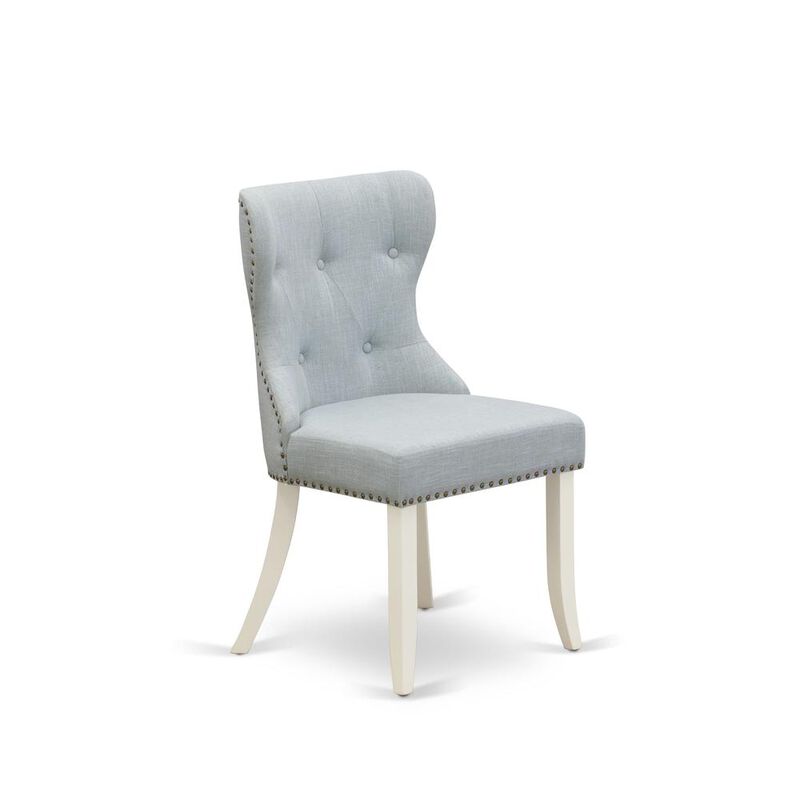 East West Furniture - Set of 2 - Parson Chairs- Dining Room Chair Includes Linen White Solid Wood Structure with Baby Blue Linen Fabric Seat with Nail Head and Button Tufted Back