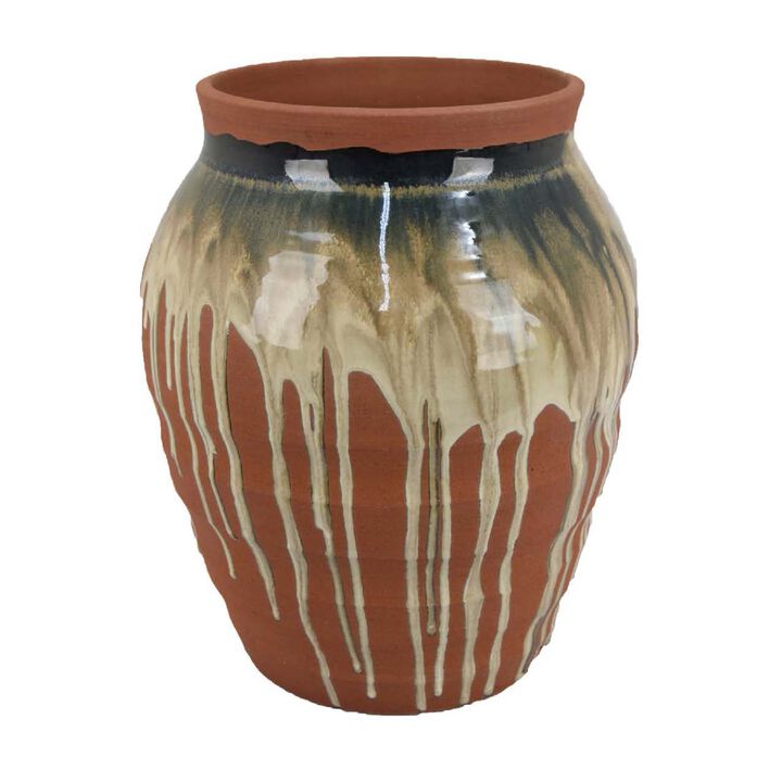 Hino Decorative Vase, Dripping Paint Texture, 13 Inch Brown Ceramic