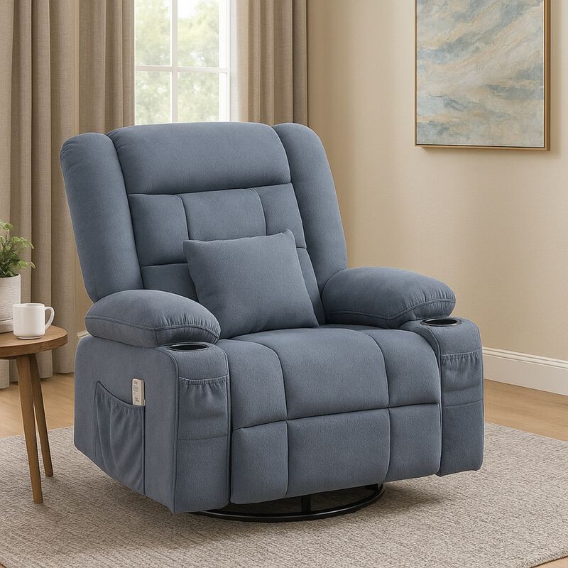 Fabric Swivel Manual Recliner with Massage and USB Port