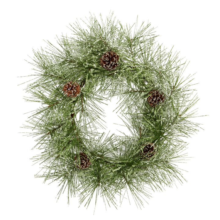 HomPlanti 24" Iced Pine Artificial Wreath with Pine Cones