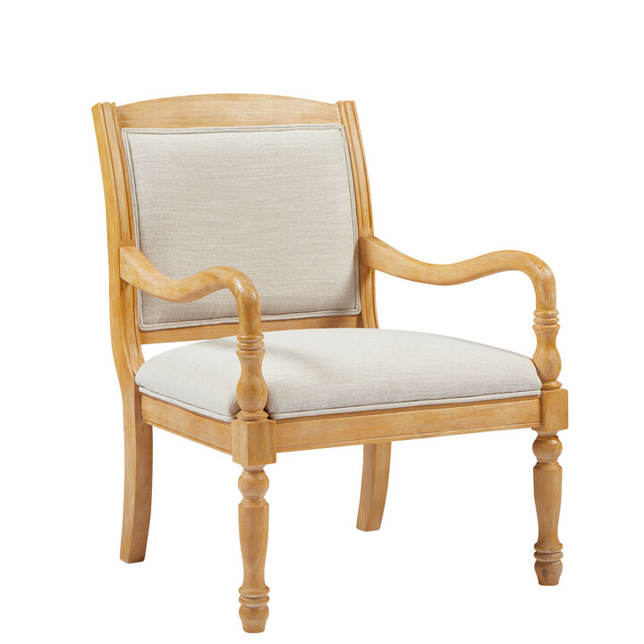 Merax Solid Wood Accent Chair with Cylindrical Spindle Legs, Carved Details, Durable Polyester Upholstery