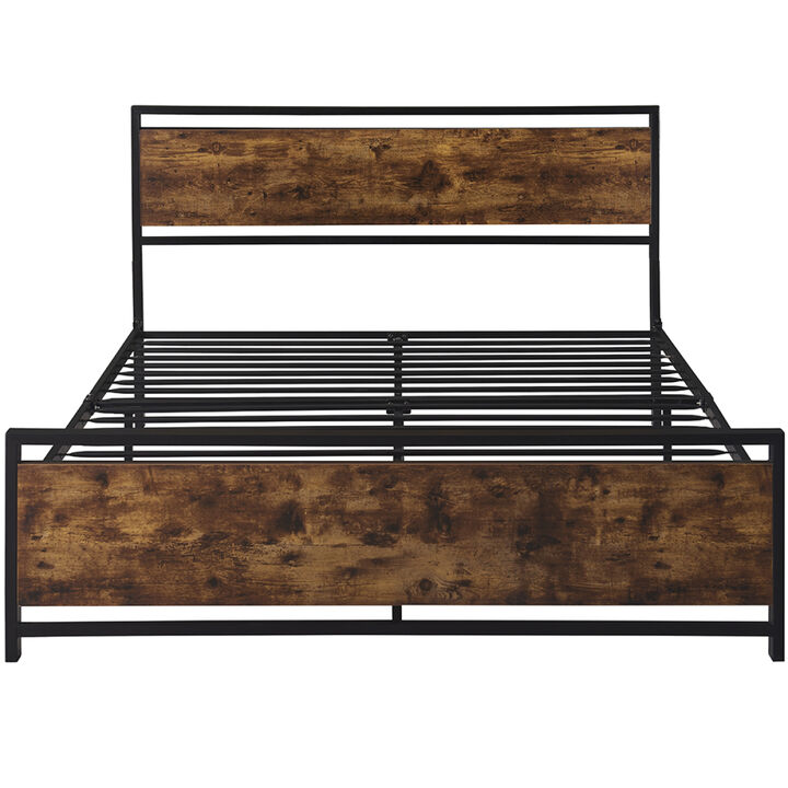 Queen Size Metal Platform Bed Frame with Wooden Headboard and Footboard, No Box Spring Needed, Large Under Bed Storage, Easy Assemble