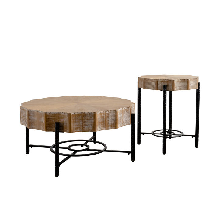 31.5 "Vintage Patchwork Lace Shape Coffee Table with Natural Pine Grain Table Top and Dimpled Metal Cross Legs, Cedar Coffee Table Set (Set of 2)