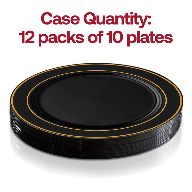 10.25" Black with Gold Edge Rim Plastic Dinner Plates (120 Plates) image number 3