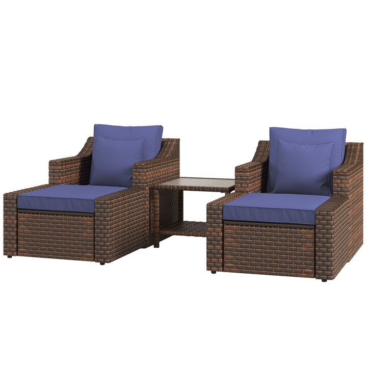 Outsunny 5 Piece Patio Furniture Set, All Weather PE Rattan Conversation Chair, and Ottoman Set with Coffee Table, Cushions & Pillows Included for Balcony, Porch, Deck, Pool, Lawn, Dark Blue