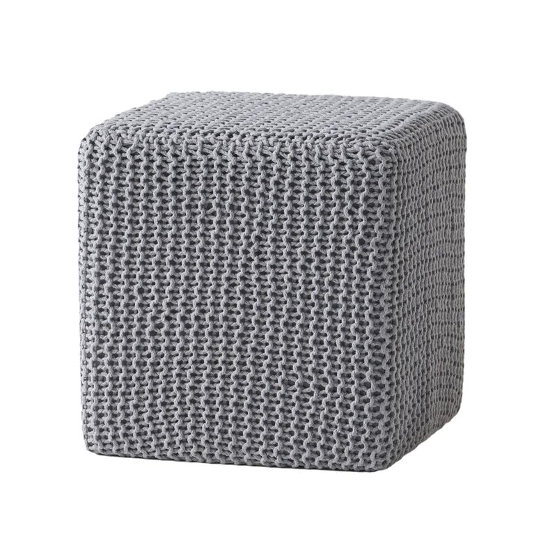 Square Knitted Footstool Ottoman, Handwoven Design 17 Inch Gray Cotton - Benzara