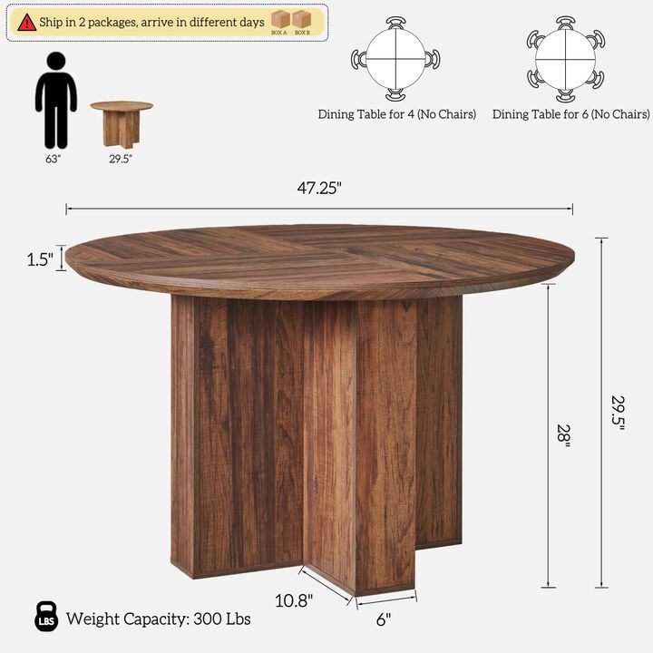 47" Round Dining Table for 4, Pedestal Cross Base, Thick Wood-Look Top