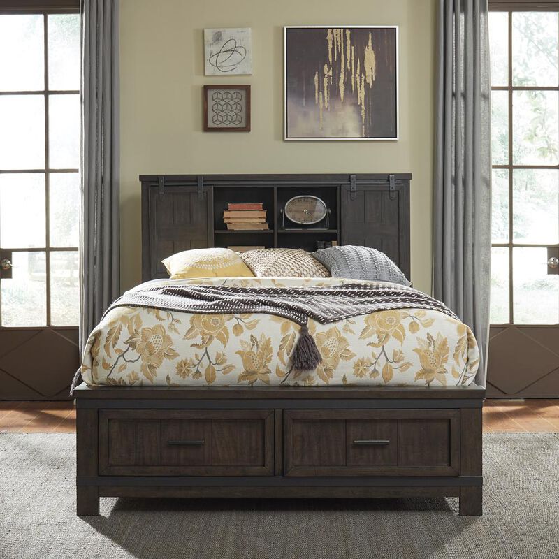 Liberty Furniture Thornwood Hills Queen Bookcase Bed in Rock Beaten Brown w/ Saw Cuts image number 3