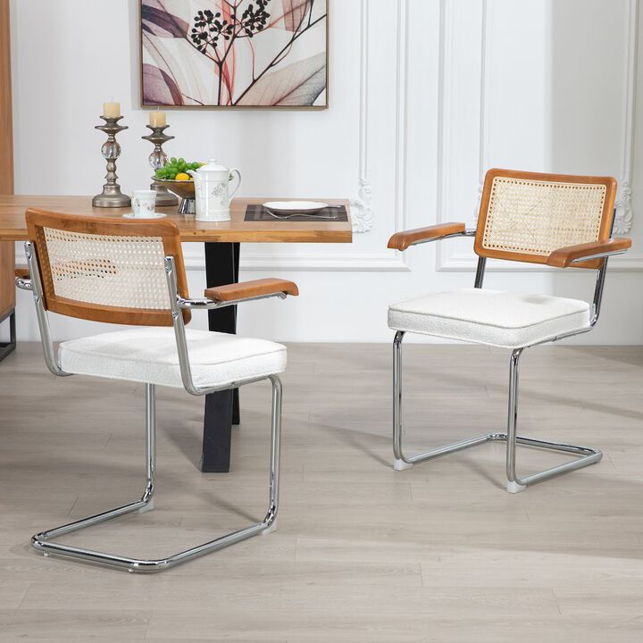 Glamour Home Set of 2 White Boucle Fabric Dining Chair Rattan Backrest and Chrome Legs