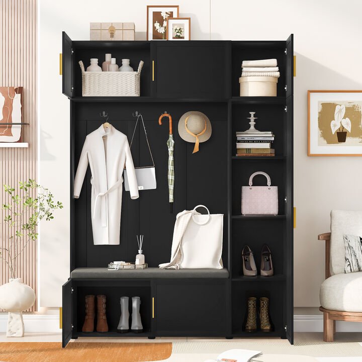 Merax Entryway Hall Tree with Cushioned Seating Bench, 4 Decorative Hooks & Tiered Shelves