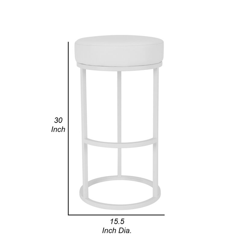 Tane 30 Inch Bar Stool, Round Padded Seat, White Faux Leather, Metal - Benzara