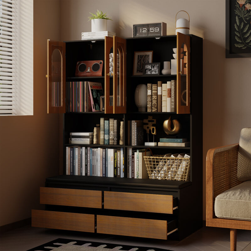 FUFU&GAGA Modern Cabinet with Seating &ndash; MDF Construction, 4 Glass-Panel Doors, 4 Drawers, and Cotton Seat Cushion, (47.2" L x 11.8" W x 63.6" H), Brown