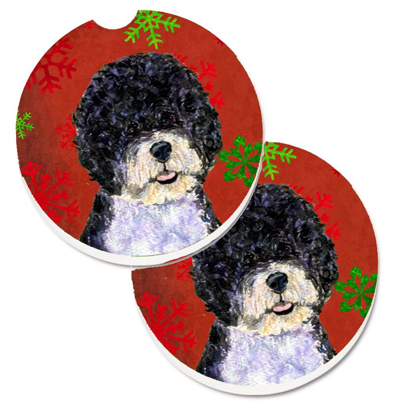 Caroline's Treasures Portuguese Water Dog Red green Snowflake Christmas Set of 2 Cup Holder Car Coasters SS4697CARC, 2.56, Multicolor image number 0