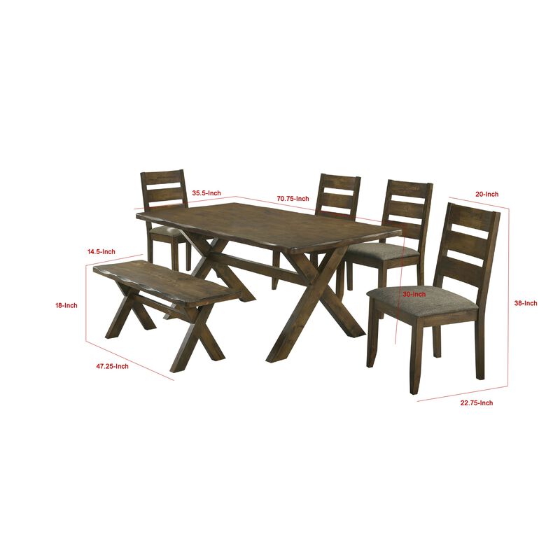 Siny 6pc Dining Table Set, Nutmeg Brown Finish, 4 Padded Chairs and Bench - Benzara