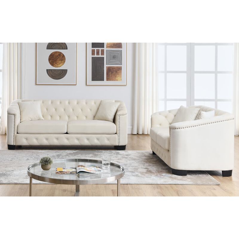 Velvet Chesterfield Sofa Set, Button Tufted Deep Seat Sofa Set with Nailhead Trim, Padded Armrest Couch Set with Throw Pillows image number 3