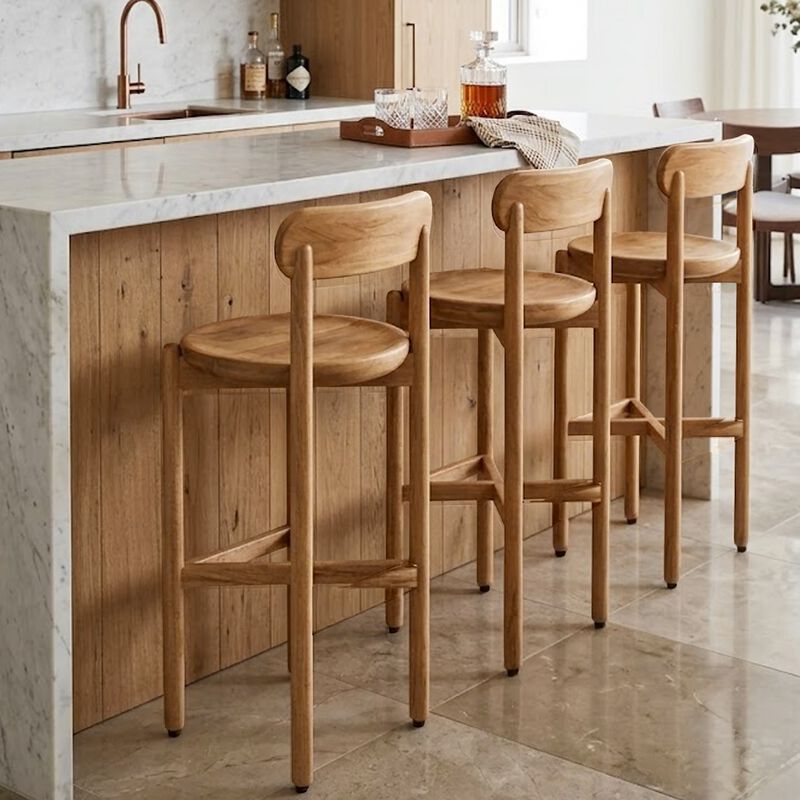 Maona Bar Stool Chair with Round Seat, Curved Open Back, Natural Brown Mango Wood image number 8