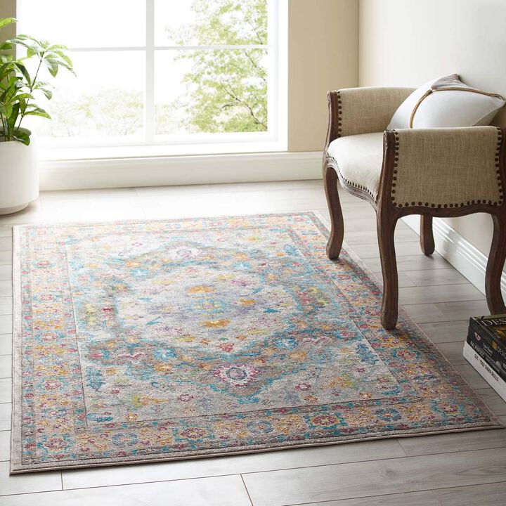 Modway Success Anisah Distressed Floral Vintage 4x6 Area Rug in Gray, Ivory, Yellow, Orange