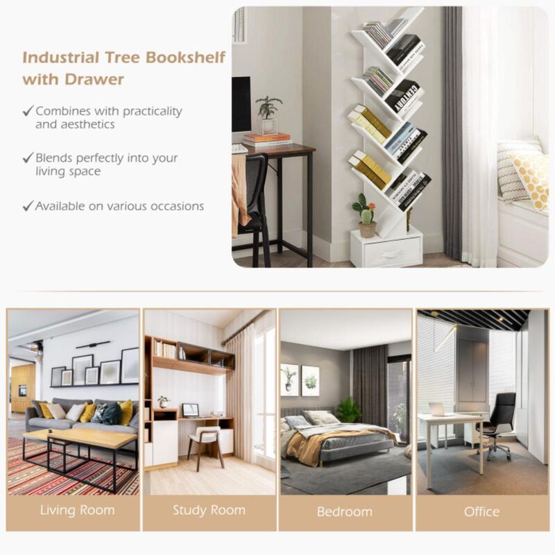 Hivvago 10-Tier Bookshelf with Drawer Free-standing Storage Bookcase