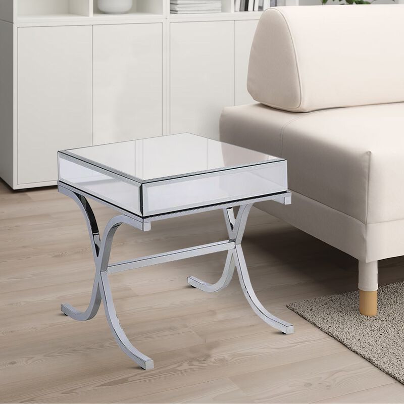 Contemporary Style Metal and Mirror Square End Table, Silver-Benzara