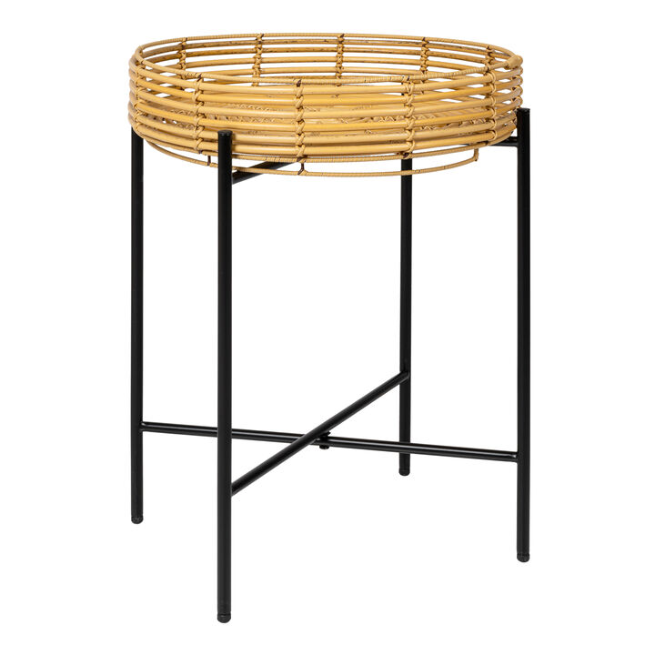Malia Coastal Bohemian Faux Rattan Round Tray End Table with Metal Base