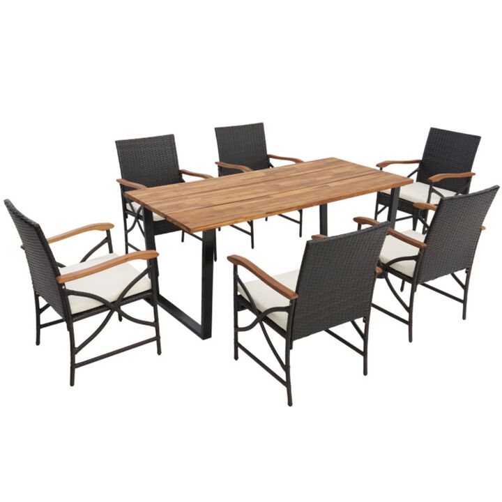 Mondawe 7-Piece Patio Premium Rattan Dining Set,With Umbrella Hole Acacia Table & Plush Cushions