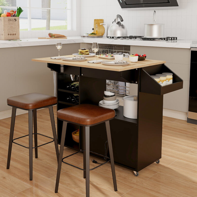 Drop Leaf Mobile Kitchen Island Cart with Power Outlet and Adjustable Shelf