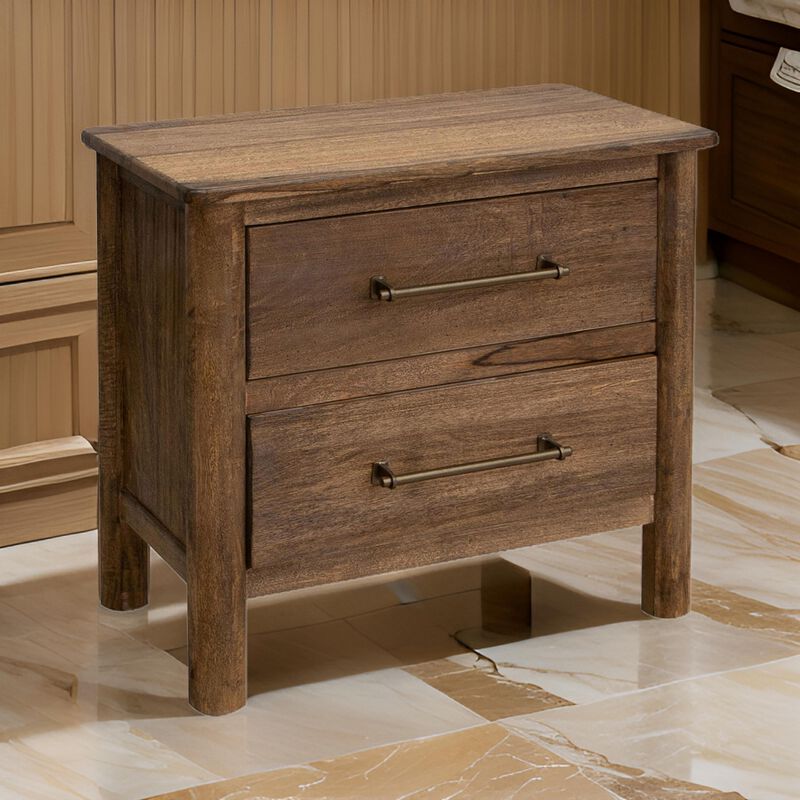 Olum 28 Inch Nightstand, 2 Drawers, Metal Handles, Solid Mango Wood, Brown image number 1