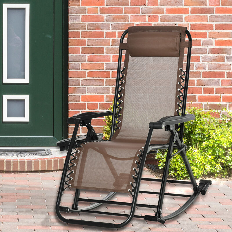 Outsunny Outdoor Rocking Chairs, Foldable Reclining Zero Gravity Lounge Rocker with Pillow, Cup & Phone Holder, Combo Design with Folding Legs, Brown