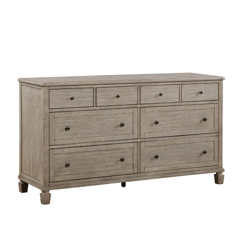 Cely Dresser, 66 Inch, 8 Drawers, Gray Oak Veneer, Nickel Tone Knobs - Benzara