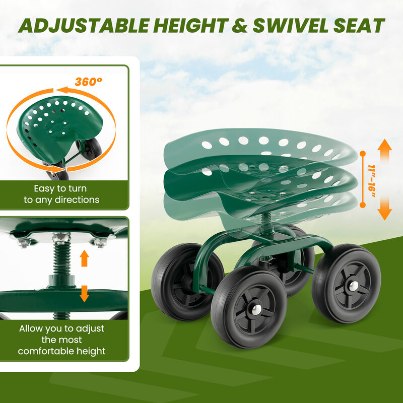 Garden Rolling Workseat with 360°Swivel Seat and Adjustable Height-Green