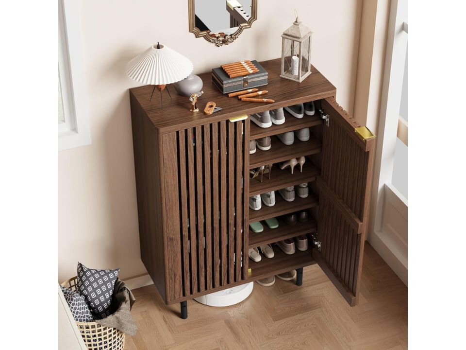 Entryway Wood Shoe Storage Cabinet 6 Tier Dark Walnut Doors