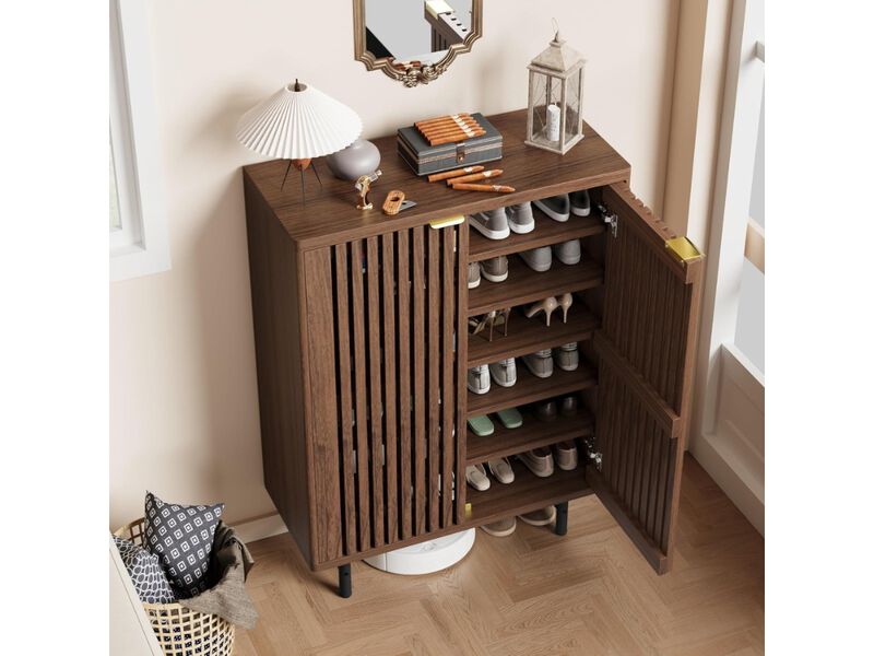 Entryway Wood Shoe Storage Cabinet 6 Tier Dark Walnut Doors image number 1