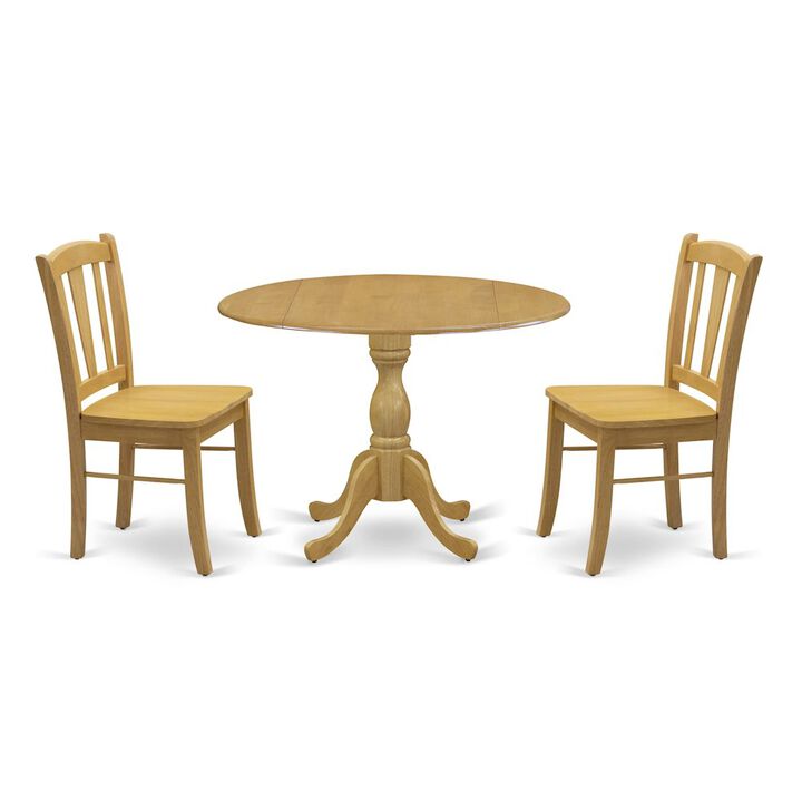 East West Furniture 3-Piece Dining Room Set- 2 Wood Chair with Wooden Seat and Slatted Chair Back - Dropleafs Round Dining Table - Oak Finish