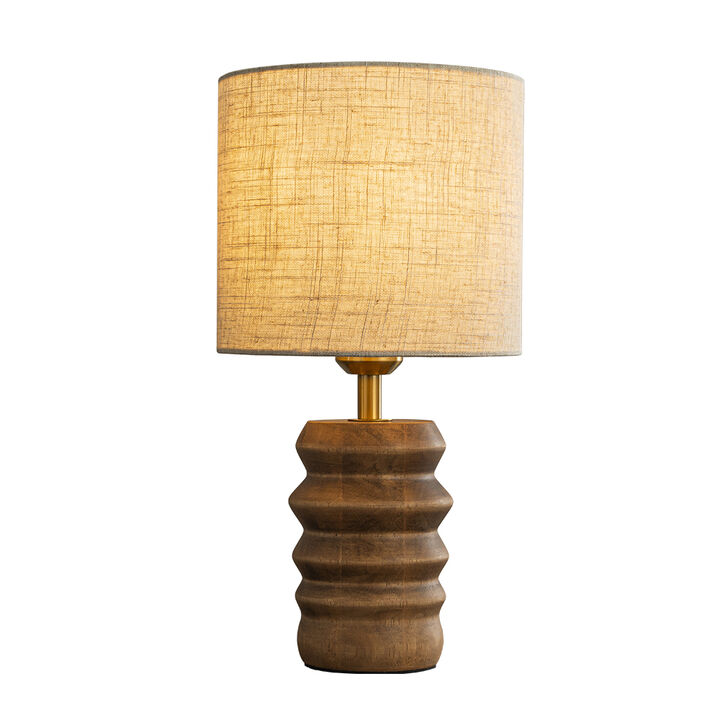 15'' Japandi Solid Wood Base Table Lamp Modern Classic Nightstand Lamp with Beige Fabric Shade for Bedside Foyer Dining Room
