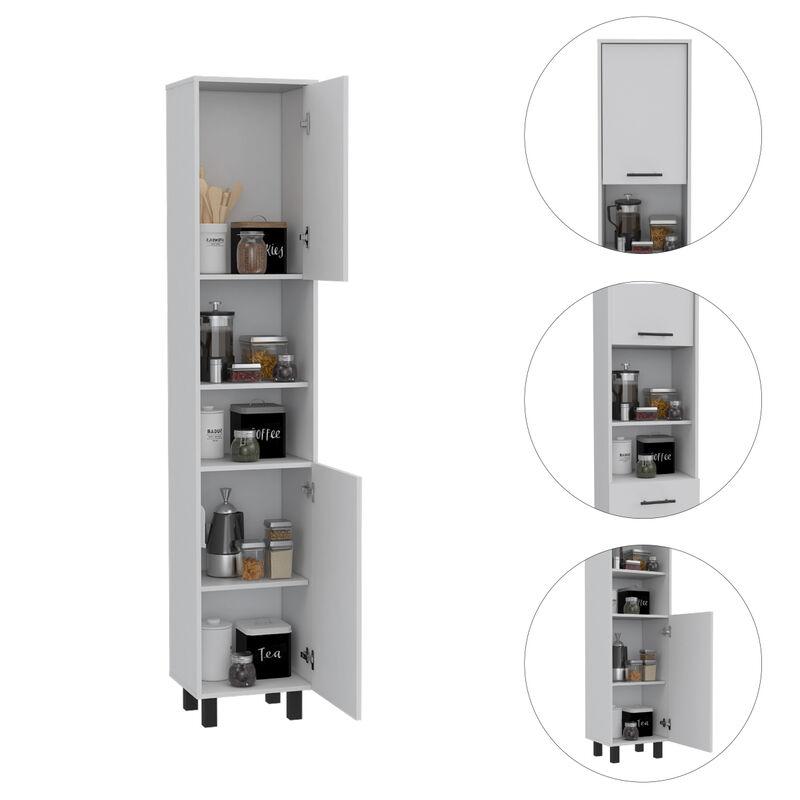 Hobart Pantry, Four Legs, Three Interior Shelves, Two Shelves, Two Cabinets -White