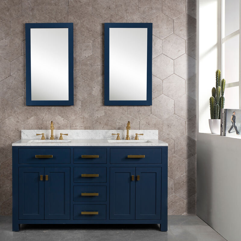 Madison 60 In. Double Sink Carrara White Marble Countertop Bath Vanity In Monarch Blue with Satin Gold Hardware