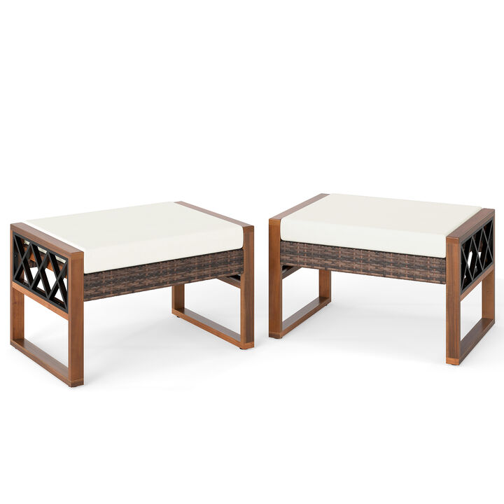 Set of 2 PE Rattan Wicker Ottomans with Soft, Removable Cushions-Beige