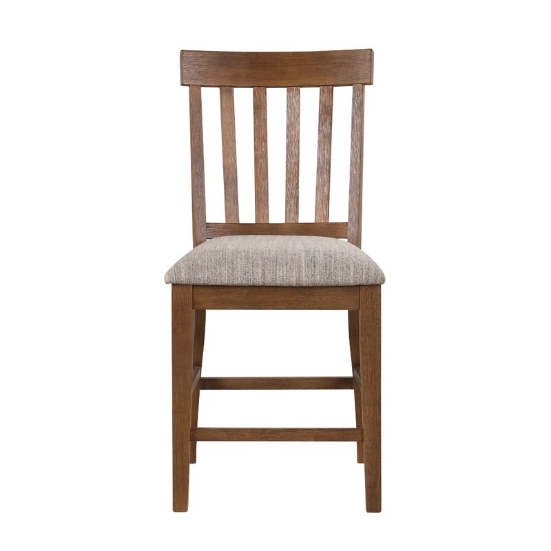 Counter Height Chair Set of 2, Brown Slatted Back, Gray Polyester image number 2