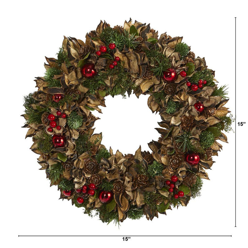 Nearly Natural 15-in Holiday Artificial Wreath with Pine Cones and Ornaments image number 3
