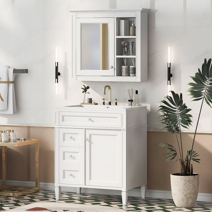 Merax Bathroom Vanity Set with Mirror Cabinet, Ceramic 3-Hole Basin, Soft-Close Storage